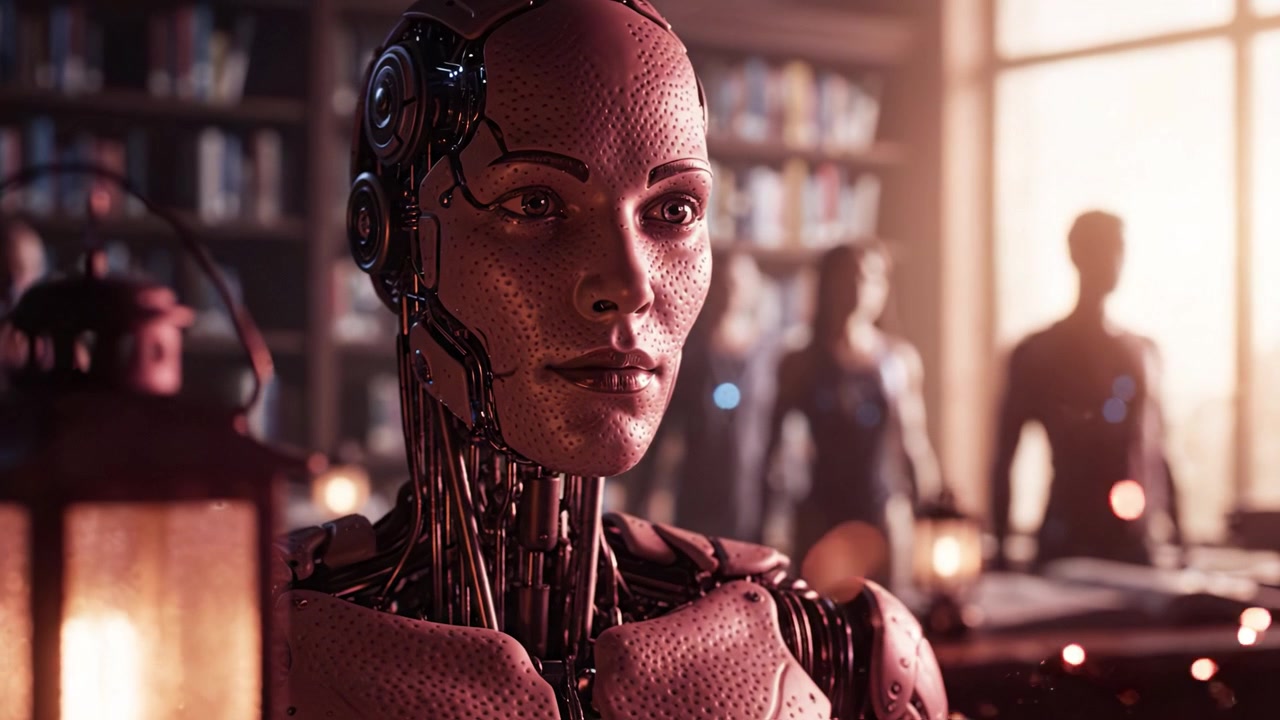 Un primo piano di un androide realistico in piedi in una biblioteca, illuminato da luce soffusa, che evidenzia le sue caratteristiche intricate e la presenza di altri robot sullo sfondo.