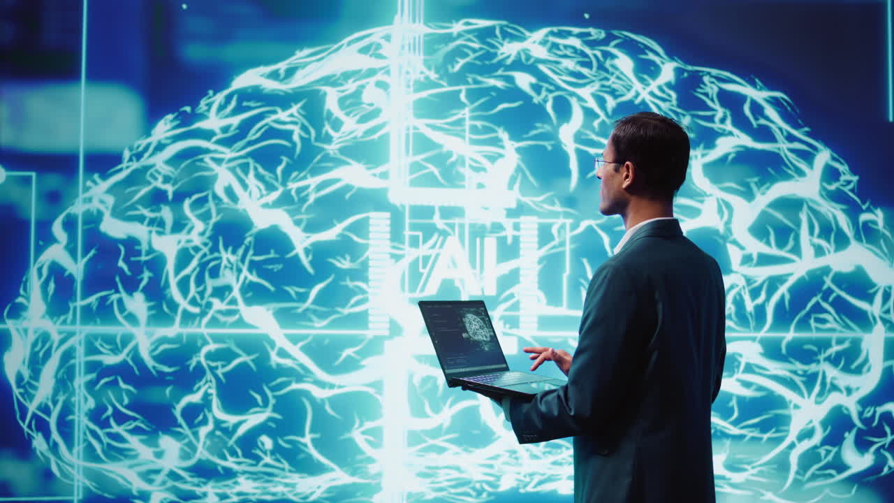 Computer scientist solving tasks on laptop, running AI programming