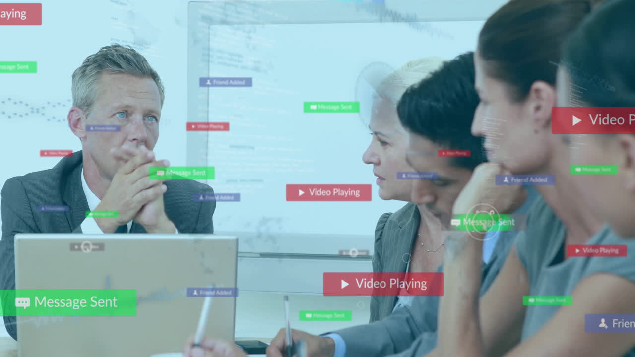Discussing business strategy, team in office with animation of social media notifications