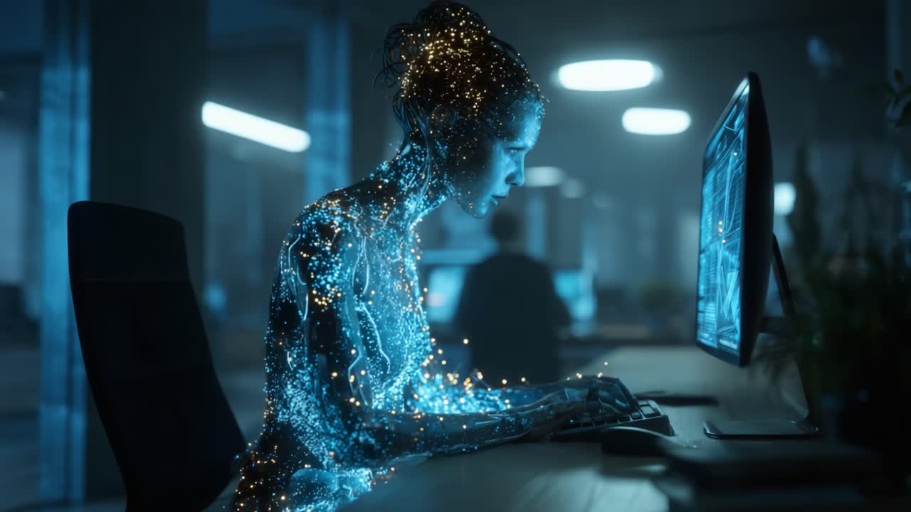 A Digital Representation of a Human Figure with Ethereal Sparks, Engaged in a High-Tech Workspace, Showcasing the Intersection of Technology and Humanity