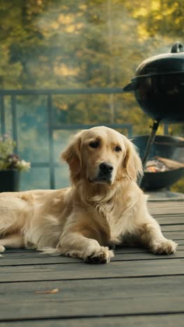golden retriever relaxing on a patio with a bbq