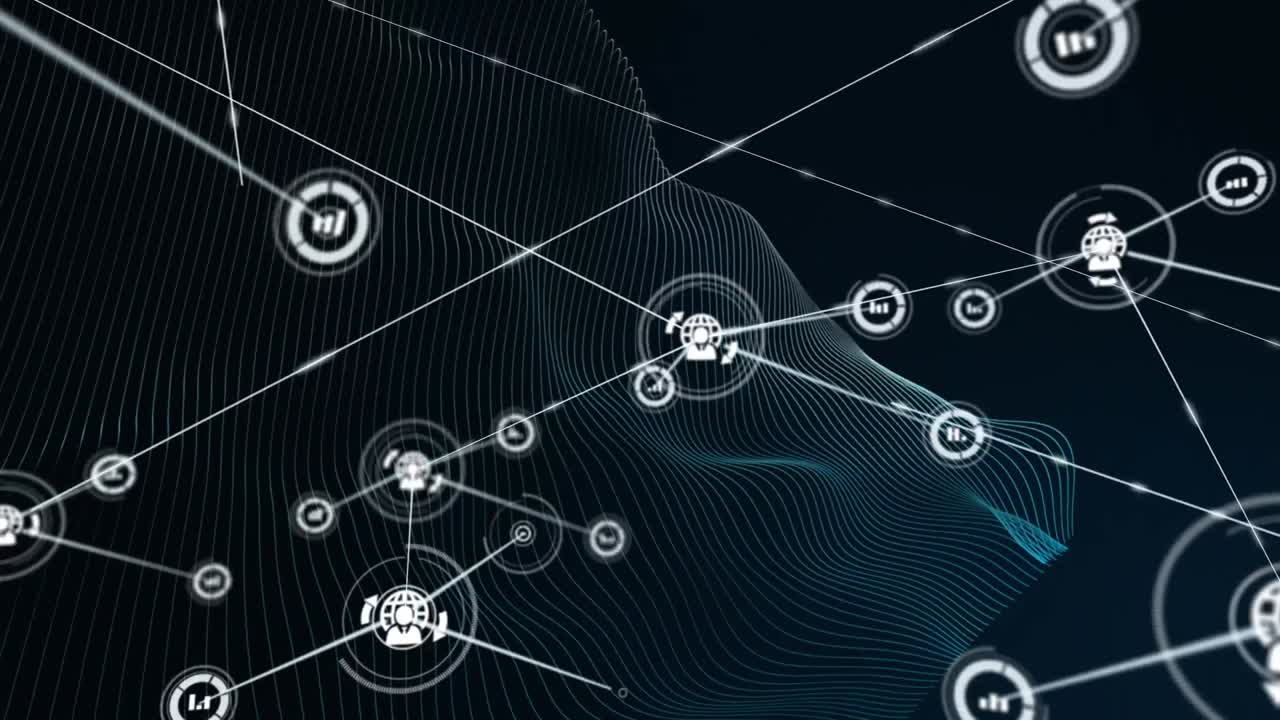 Animation of network of connections of user icons on black background
