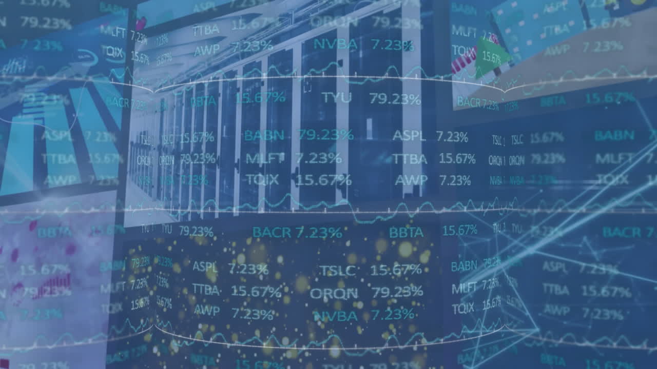 Financial data and stock market analysis animation over server room background