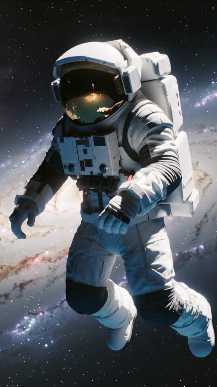 Video vertical: Torso moviéndose, astronauta con traje EVA girando en el espacio profundo mostrando visor dorado PLSS.