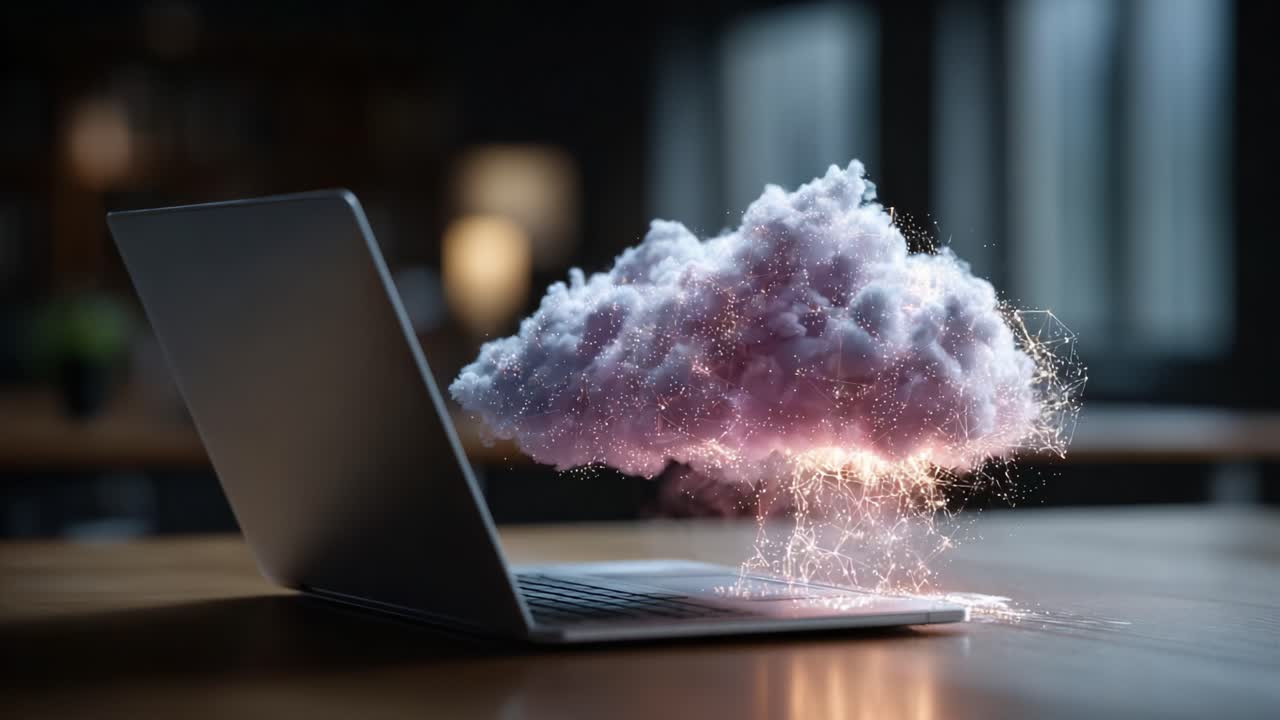 A Visual Representation of Cloud Technology Emerging from a Laptop, Illustrating the Concept of Digital Innovation and Connectivity in Today's Technological Era
