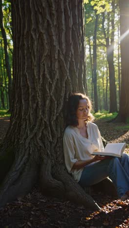 a serene video scene of a woman reading under a tree in a sunlit forest