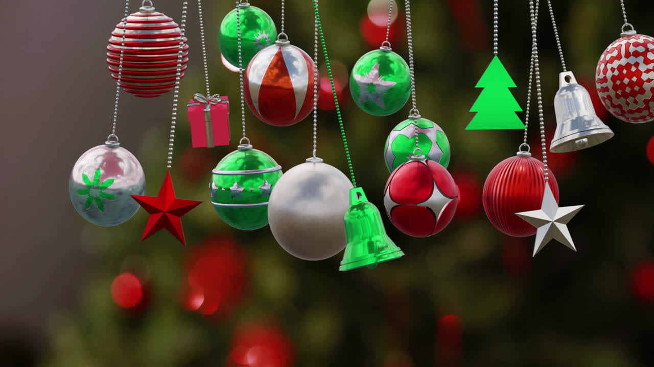 animación de decoraciones navideñas sobre el árbol de navidad