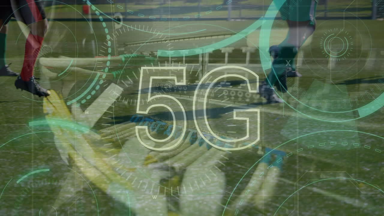 animación de diversos procesamiento de datos y 5g sobre las piernas de diversos jugadores de fútbol masculino