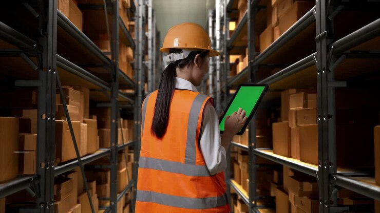 Warehouse Worker Using Tablet for Inventory Management