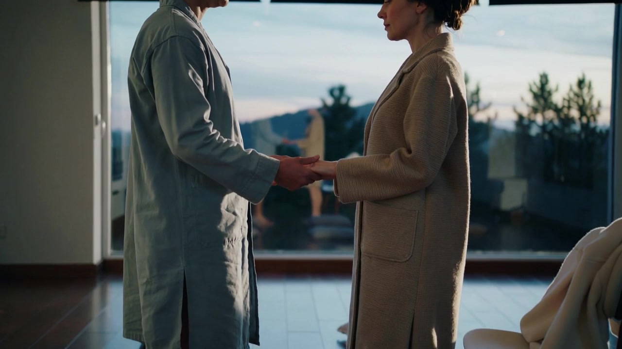 Holding hands, couple in robes reaching for blanket, walking barefoot on cushions toward balcony