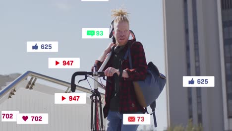 animation of social media icons over african american albino man carrying bicycle