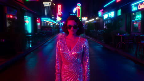 woman in sparkly dress on neon-lit urban street at night