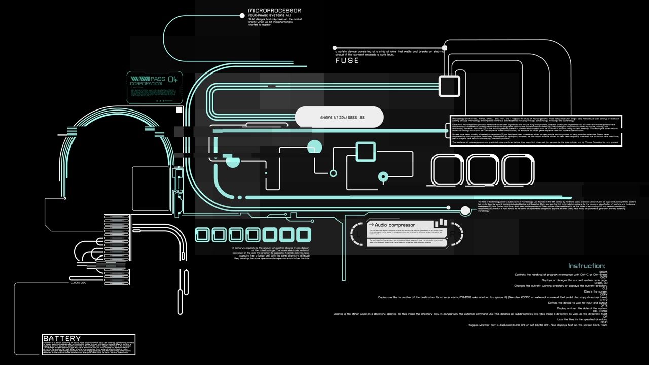 Animated Futuristic Digital Schematic with Flowing Data and System Information