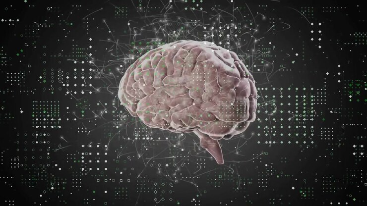 Starting frontal brain, 3D model rotating clockwise with pulsing nodes showing neural connectivity
