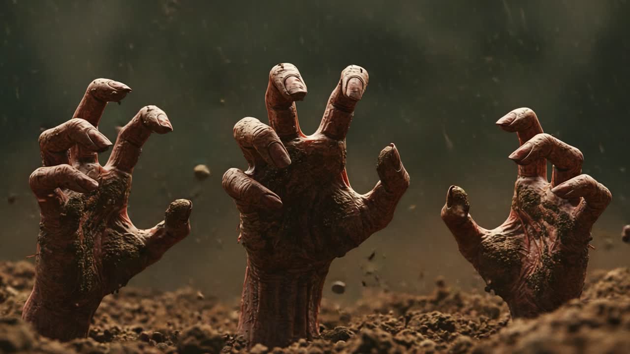 Opkomend uit de aarde: Grijpende handen zoeken ontsnapping, wat horror en spanning oproept in een sfeervolle scène van strijd tegen het gewicht van de grond.