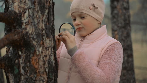 Little-girl-looking-through-a-magnifying-glass-in-the-forest.-Kids-and-science.--Close-up.