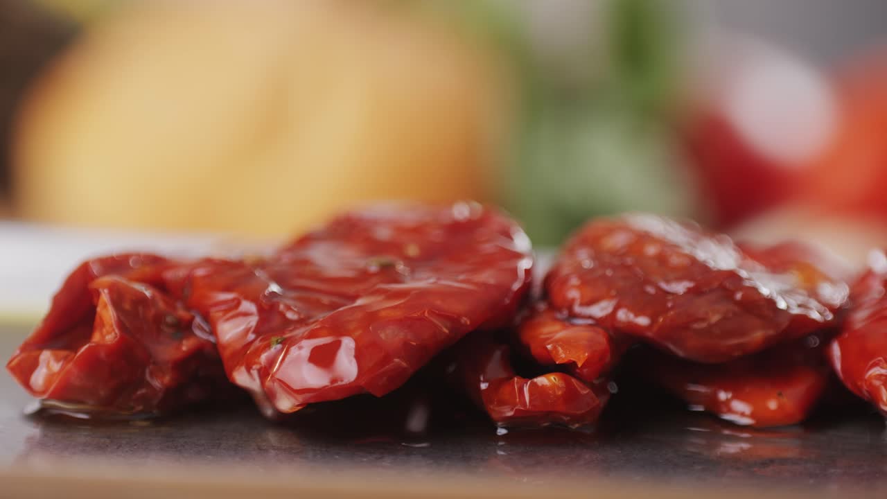 Dried tomatoes close up, Italian restaurant with traditional food, Spanish cuisine, delicious tapas and white wine, bruschetta with cheese, olives dry tomatoes and tasty sandwich bar appetizer, buffet