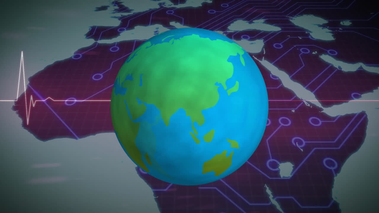 анимация земного шара, вращающегося над монитором сердечного ритма и картой мира