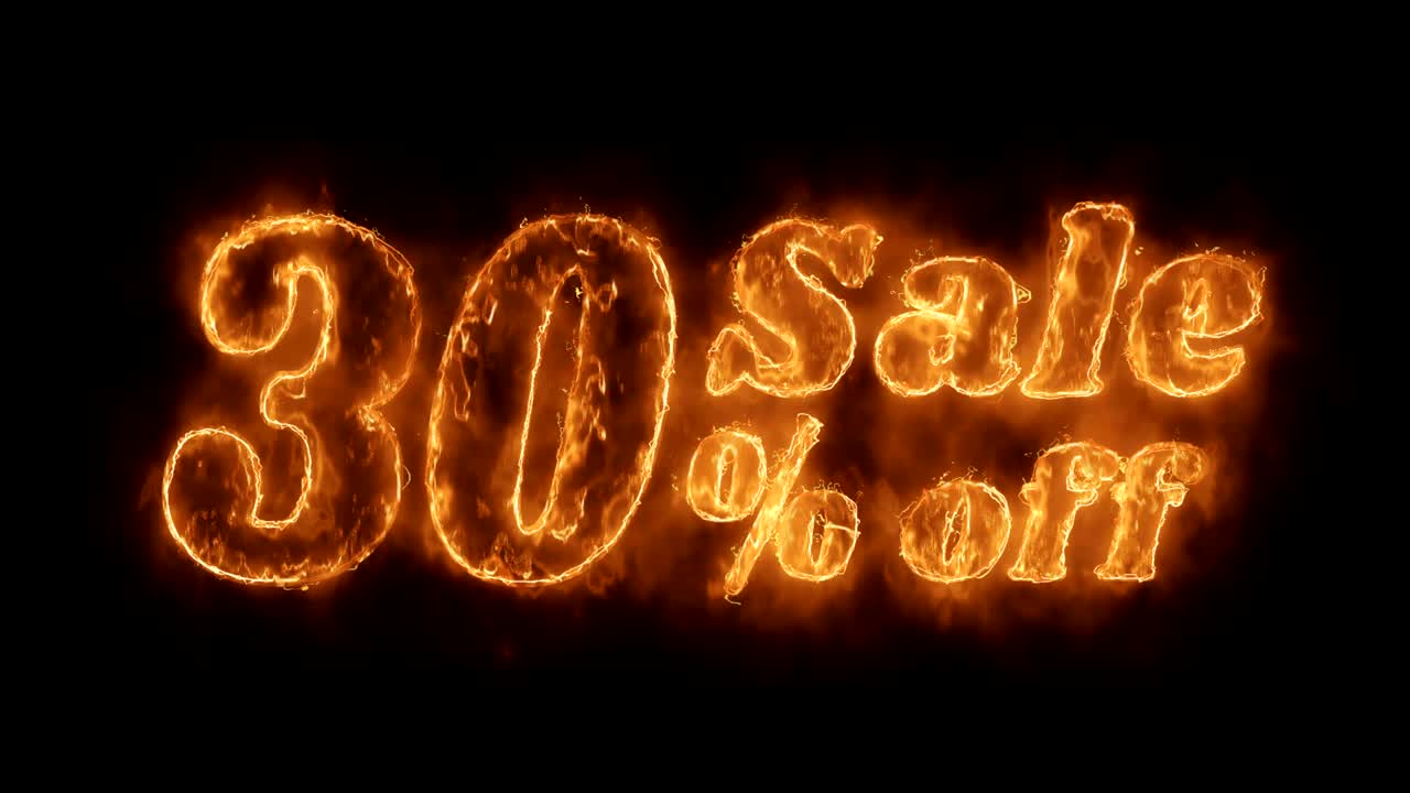 30% de descuento en la palabra animada caliente que quema el bucle de llamas de fuego realista.