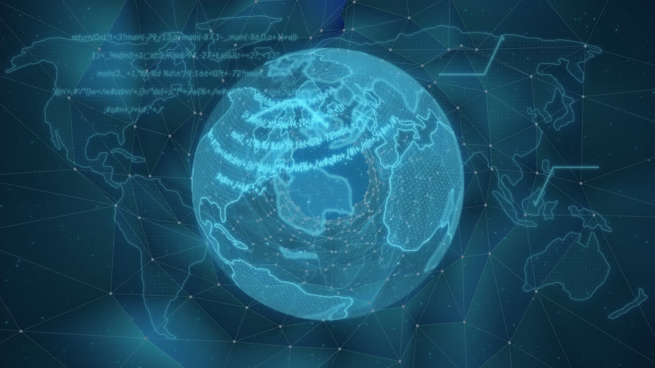 Animation of globe with world map and data over digital space with connections
