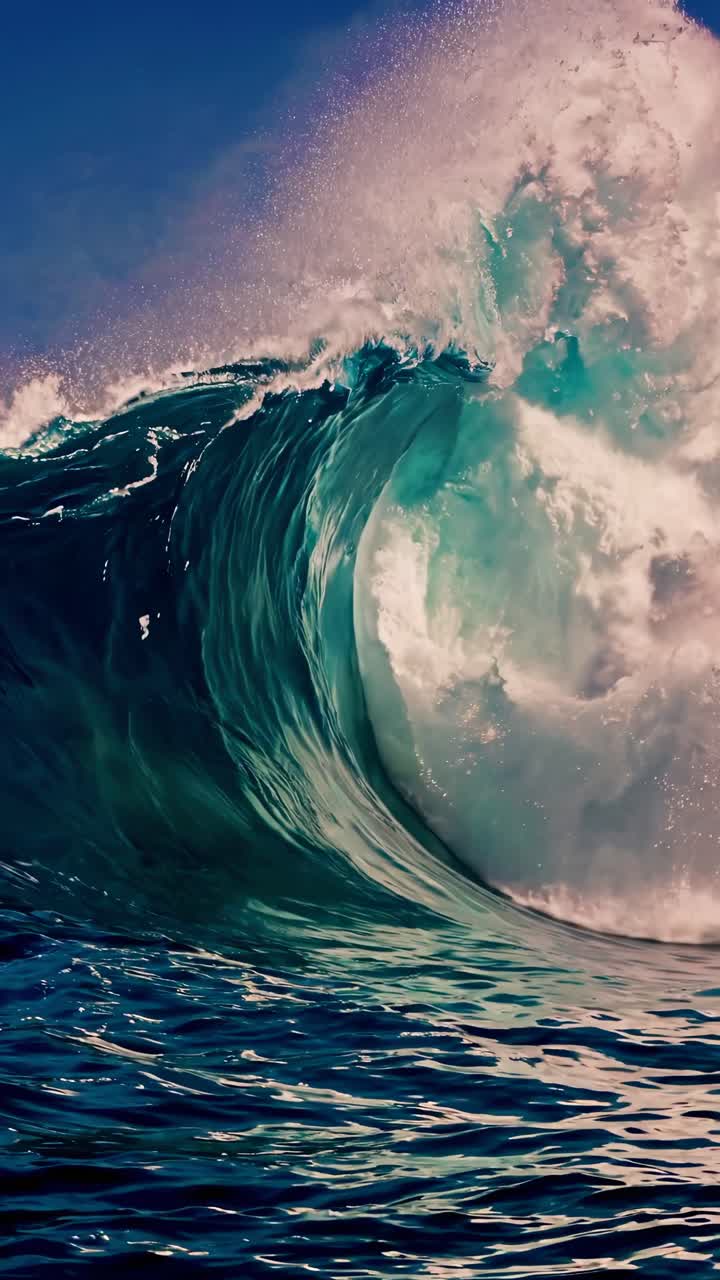 Dynamic video still of a massive ocean wave, captured from a low angle, showcasing its powerful