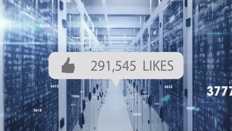 Animation of like icon with increasing numbers and numbers floating against computer server room