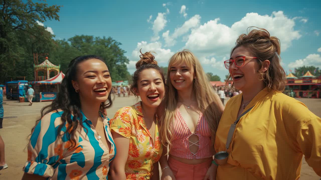 Turning head, friend on right drawing group into laughter at summer fair, with carousel ride