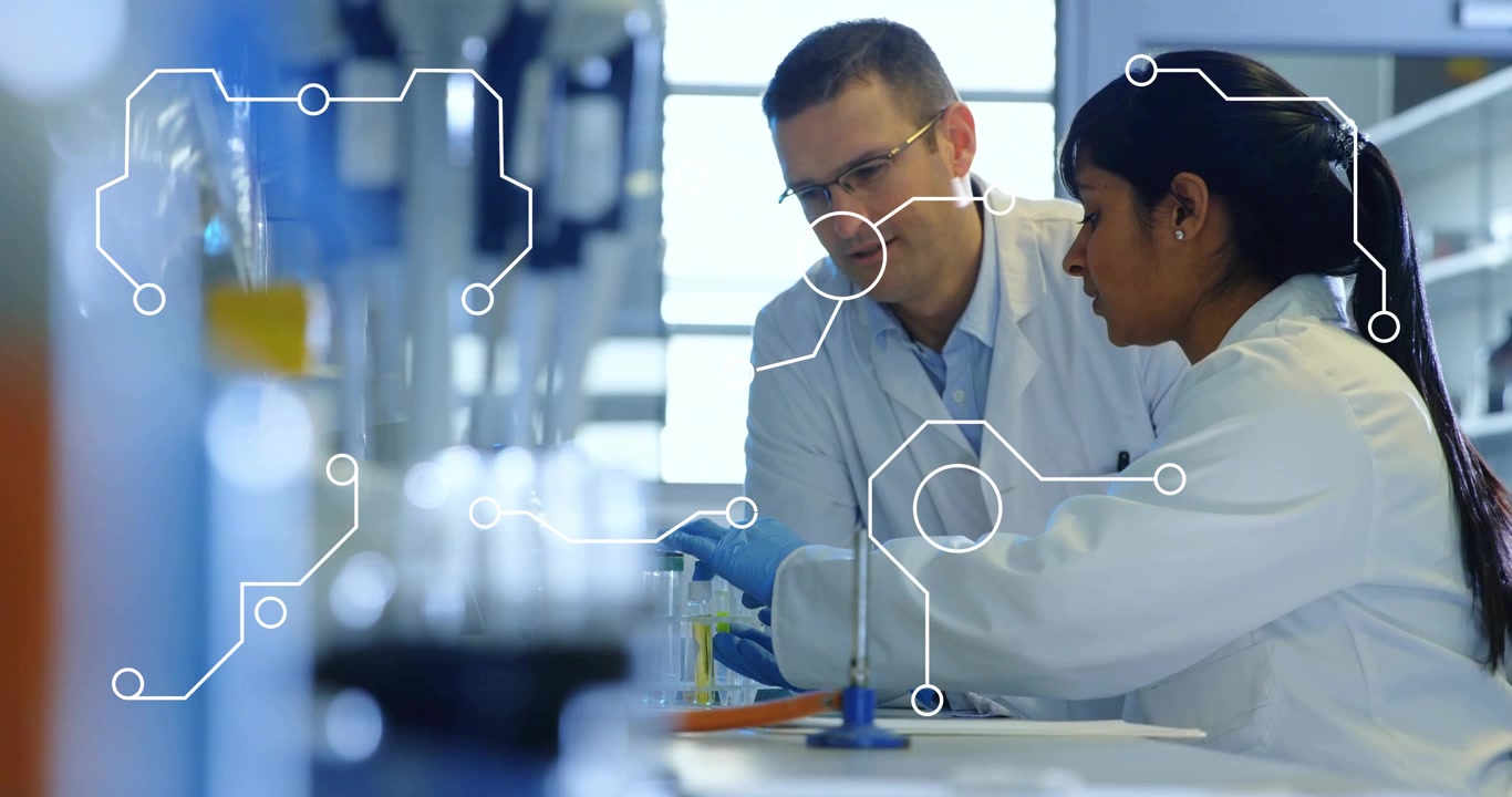Woman lab tech reaching for pipet after male guiding pipetting test with circuit overlay appearing