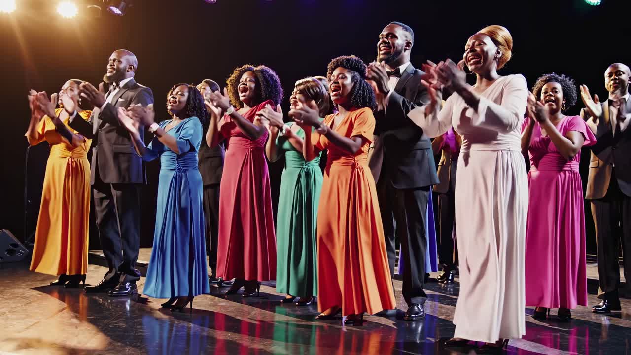 Video captures a vibrant choir in colorful attire, singing passionately on stage