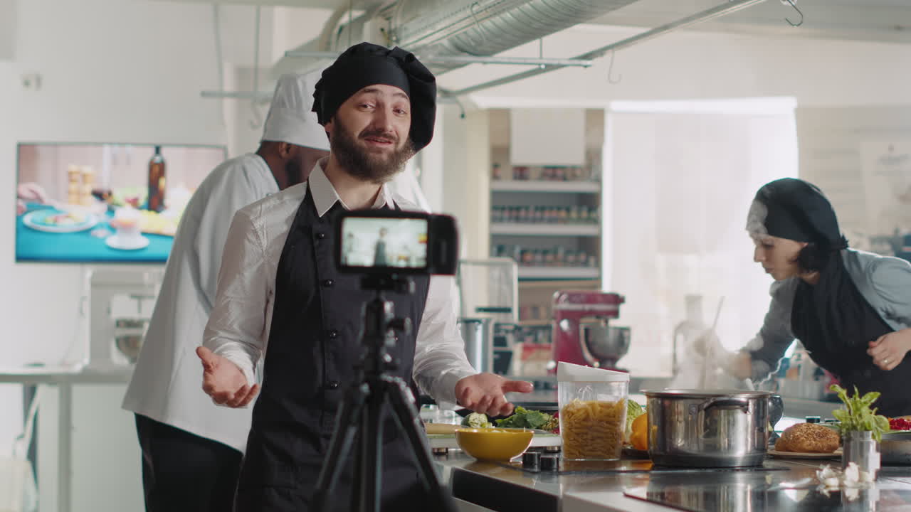 Male cook explaining cuisine on video for cooking show class