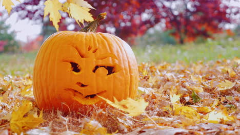 close-up face carved into a pumpkin