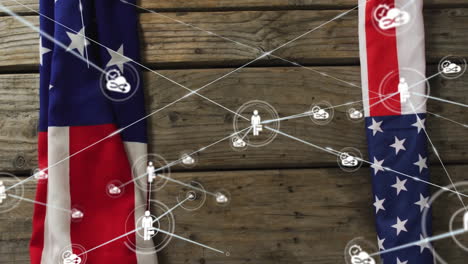 Animating-network-connections-and-data-processing-over-wooden-background-with-american-flags