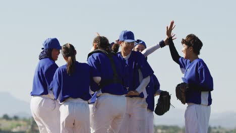 happy diverse team of female baseball players celebrating after game, smiling and high fiving