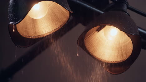 close up of two lights with water droplets
