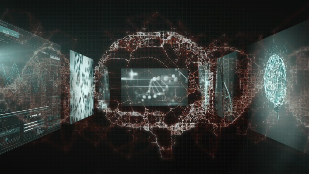 Animation of human brain and dna helix over multiple medical interfaces against black background