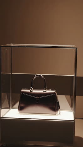 brown leather handbag in display case