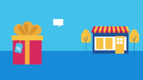 edificio de la tienda con animación comercial de caja de regalos