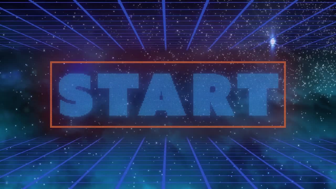 Digital animation of start text banner against shooting stars and grid network on blue background