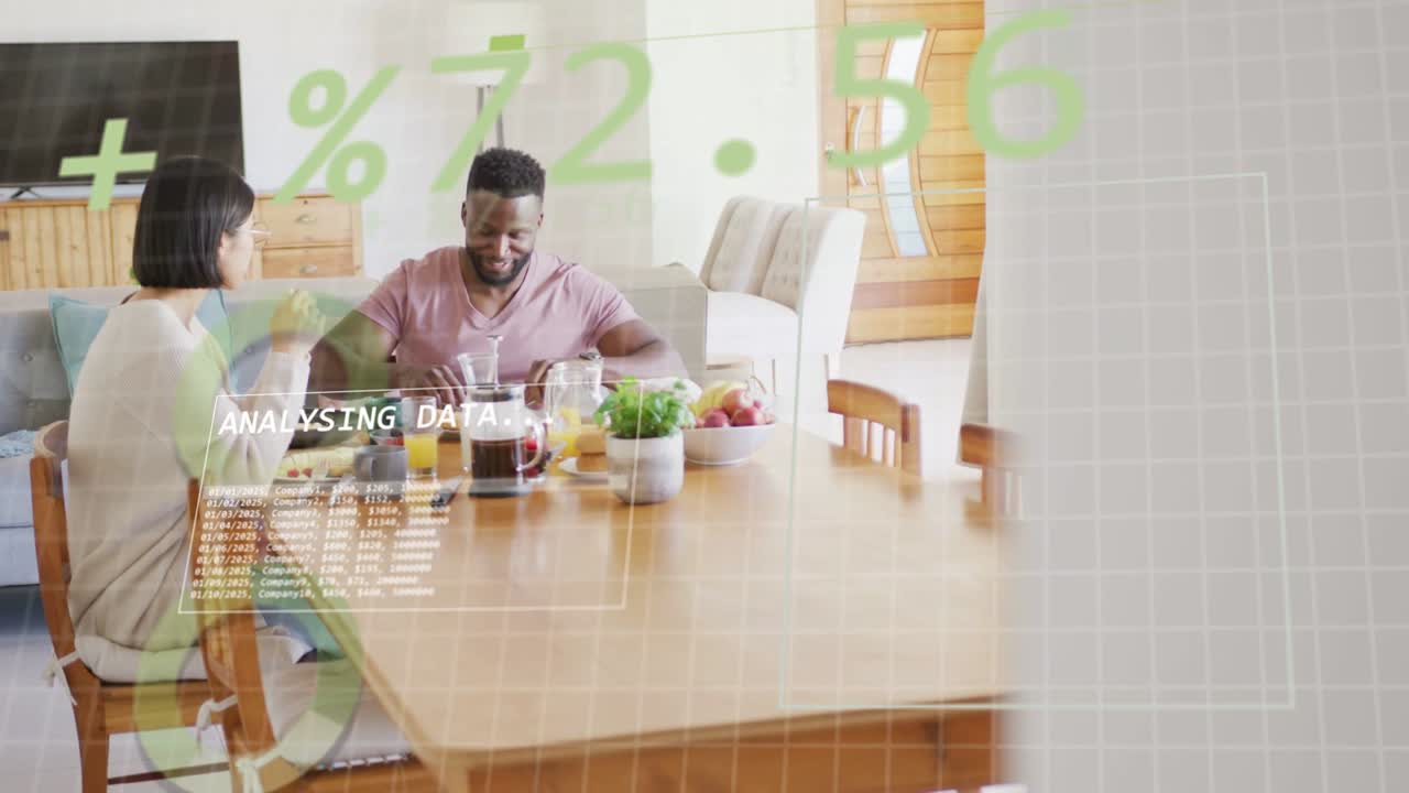 Pair at table animated HUD updating percent causing woman gesturing man smiling analysing tech data