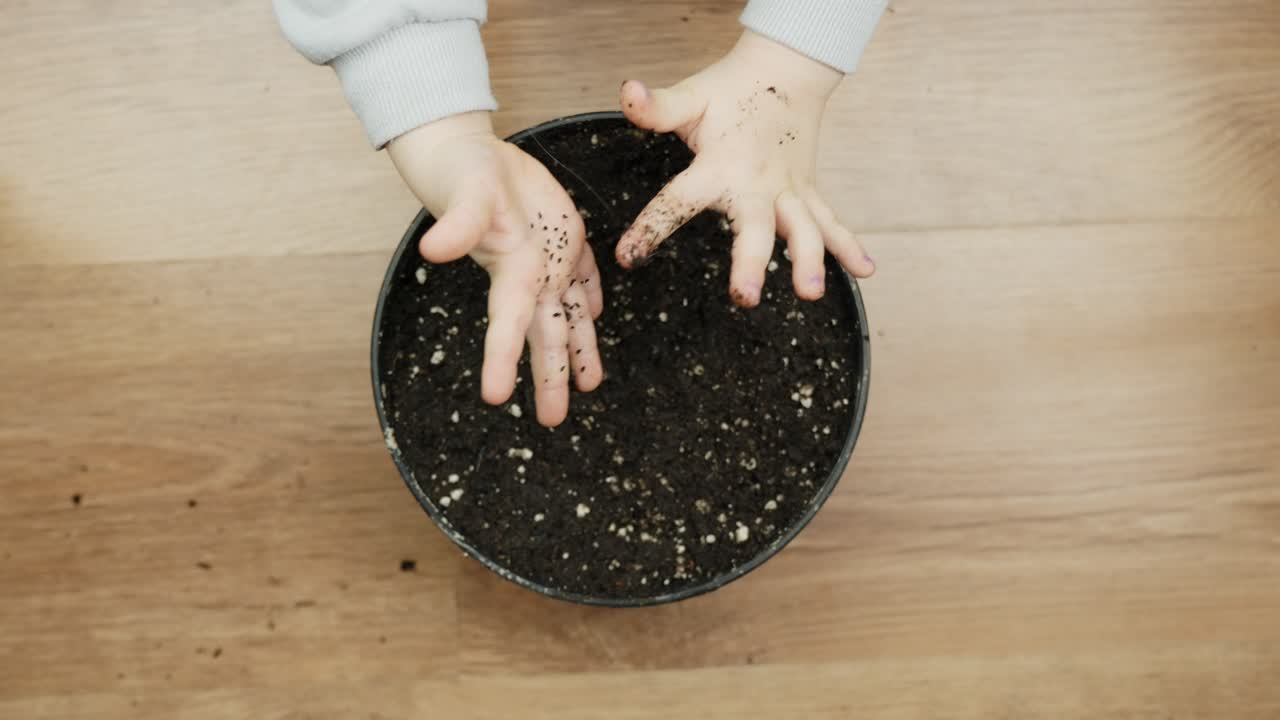 A top-down shot of a child’s hands gently planting seeds in a pot filled with rich earth, capturing a nurturing moment.