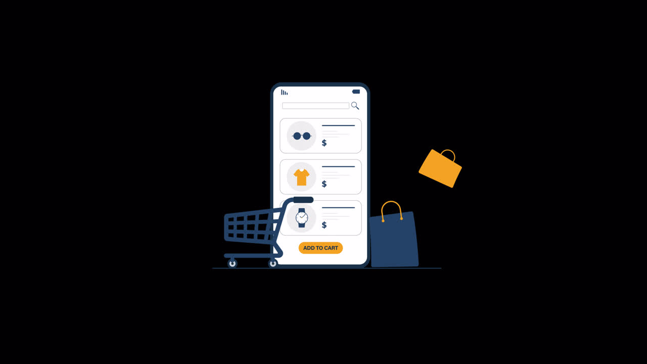 Schermo di cellulare che mostra un'app di e-commerce con carrello e prodotti