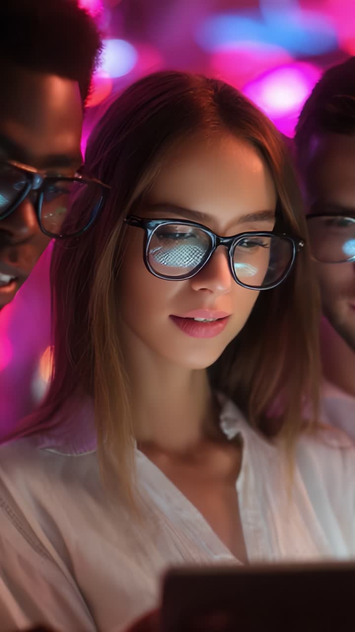 Um grupo de amigos interagindo com um dispositivo digital, iluminado por luzes coloridas, mostrando um momento de conexão e foco em meio a uma atmosfera animada
