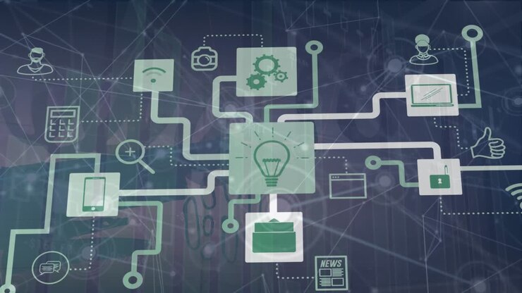 Animation of media icons over data processing