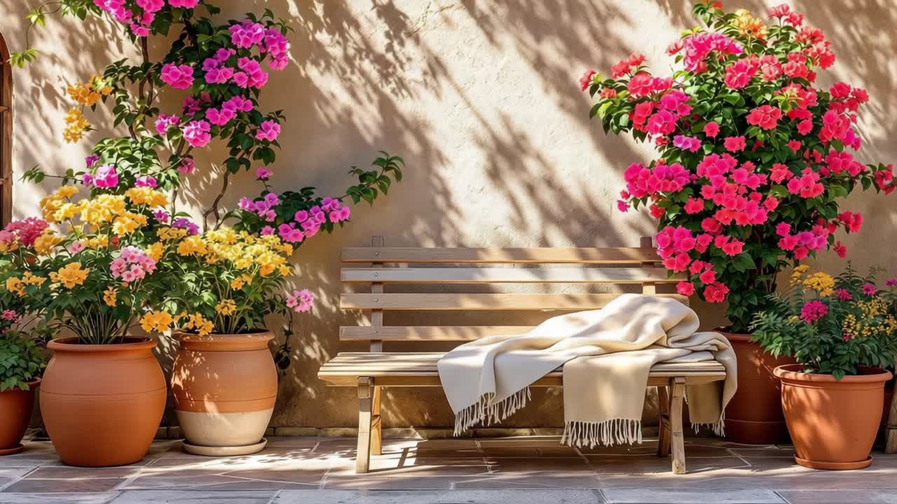 Vibrant garden scene with colorful flowers and a wooden bench, showcasing the beauty of nature and inviting relaxation in a serene outdoor setting