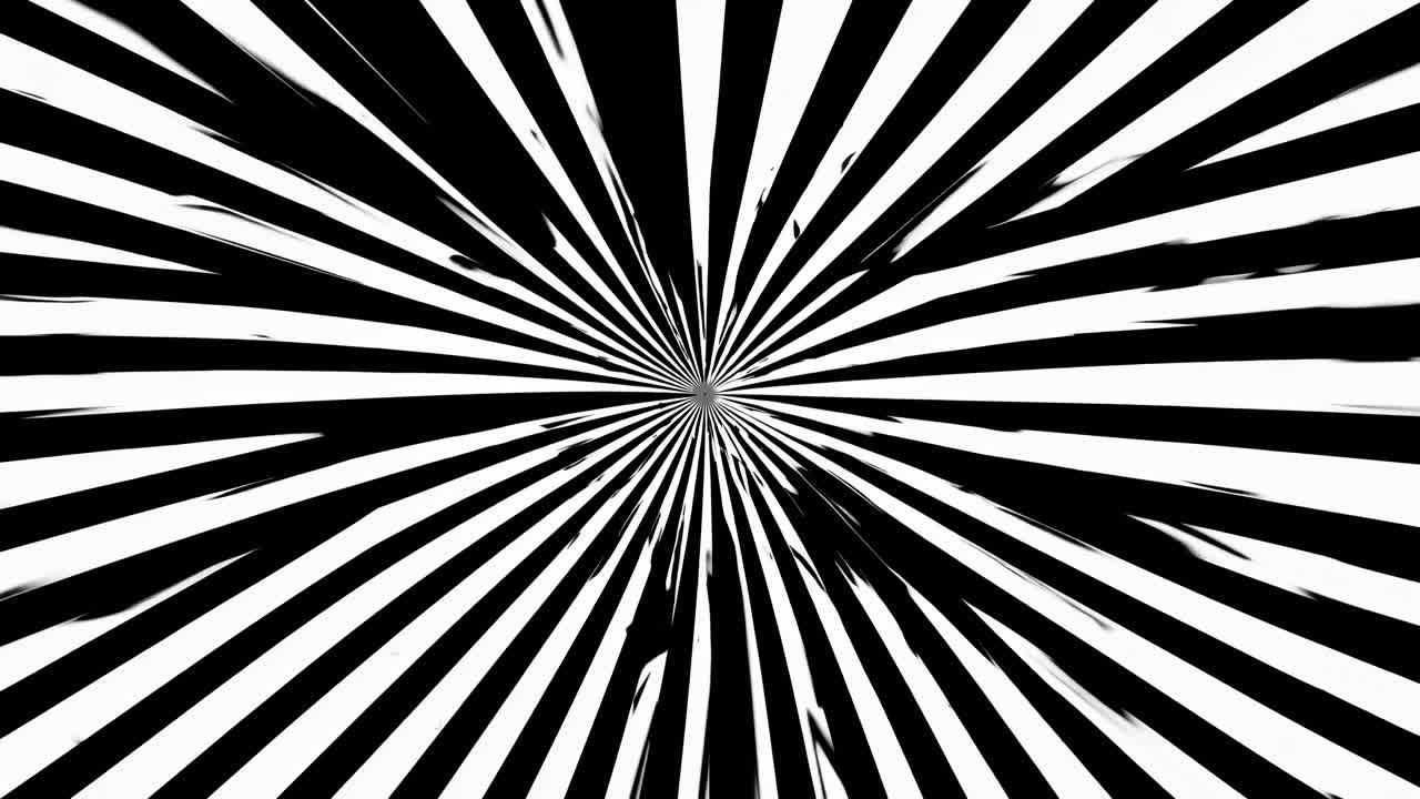 Dynamic black and white radial pattern creates a hypnotic effect, reminiscent of a retro video
