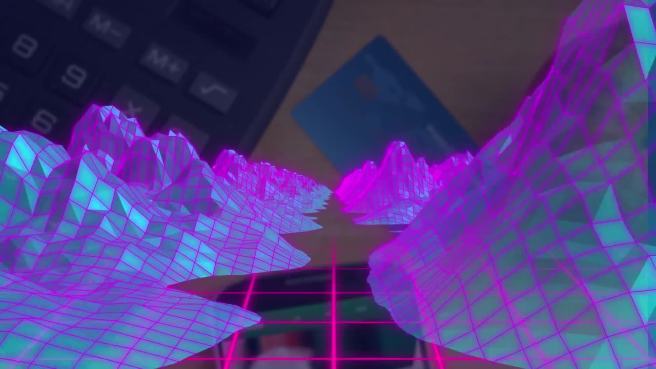 Animation of digital mountains over calculator, smartphone, credit card and apple on desk