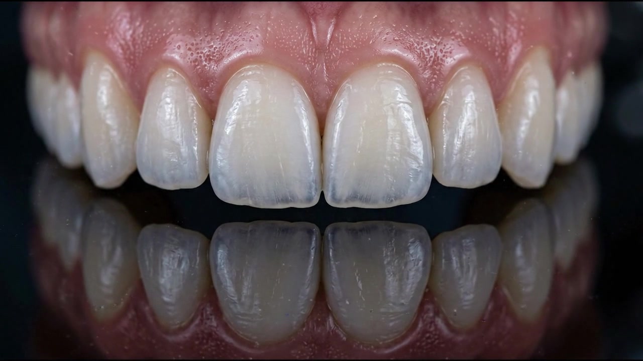 Primo piano di denti e gengive umani con riflesso
