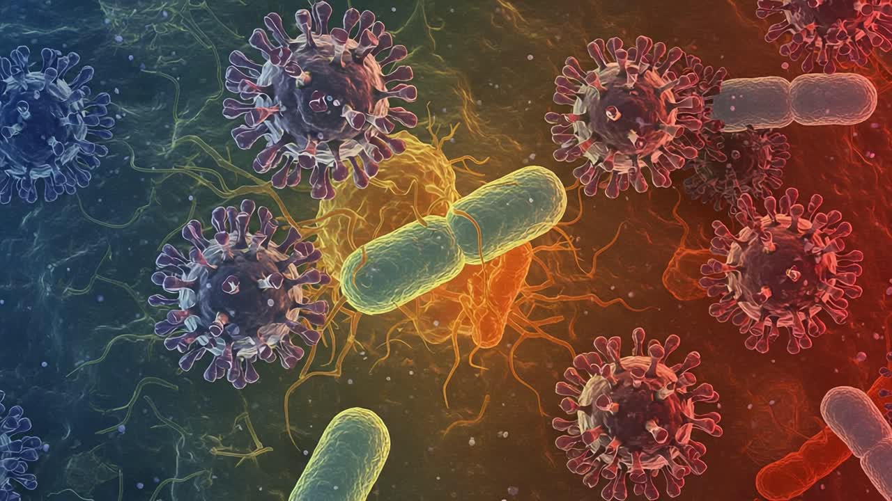 Microscopic Interactions Between Bacteria and Viruses: A Stunning Visualization of Microbial Life and Pathogen Interaction in Vibrant Colors