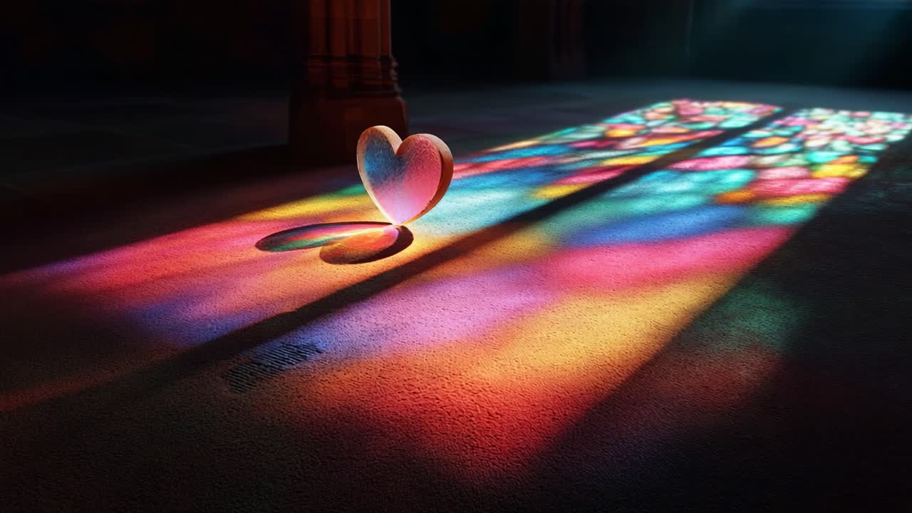A Vibrant Heart-Cast Prism of Colors: Illuminated Heart Shaped Object Creating Radiant, Colorful Shadows on the Ground, Capturing the Essence of Love in Unique Lighting