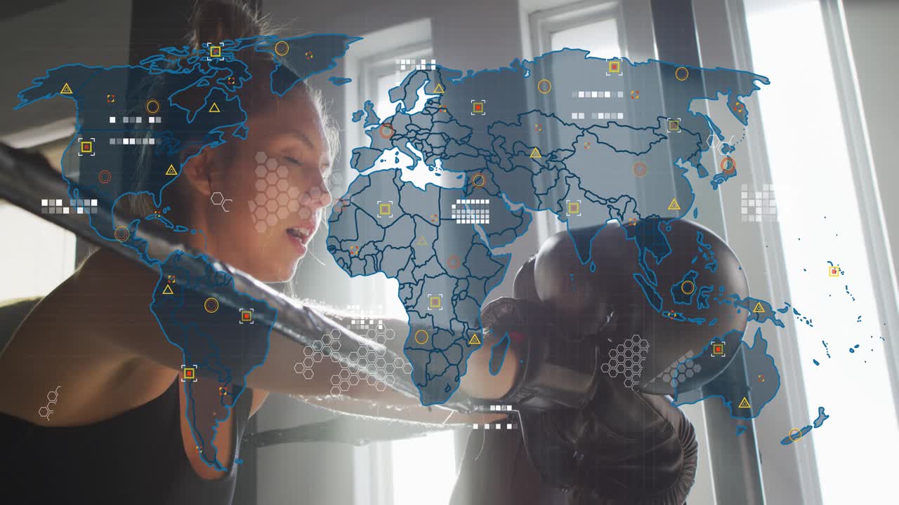 Female boxer leaning on ring ropes reaching for gloves and activating faint world-map HUD overlay